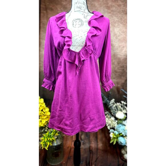 Free People Ruffled Collar 3/4 Sleeves Deep V Front Morning Light Mini Dress XS - Picture 5 of 13